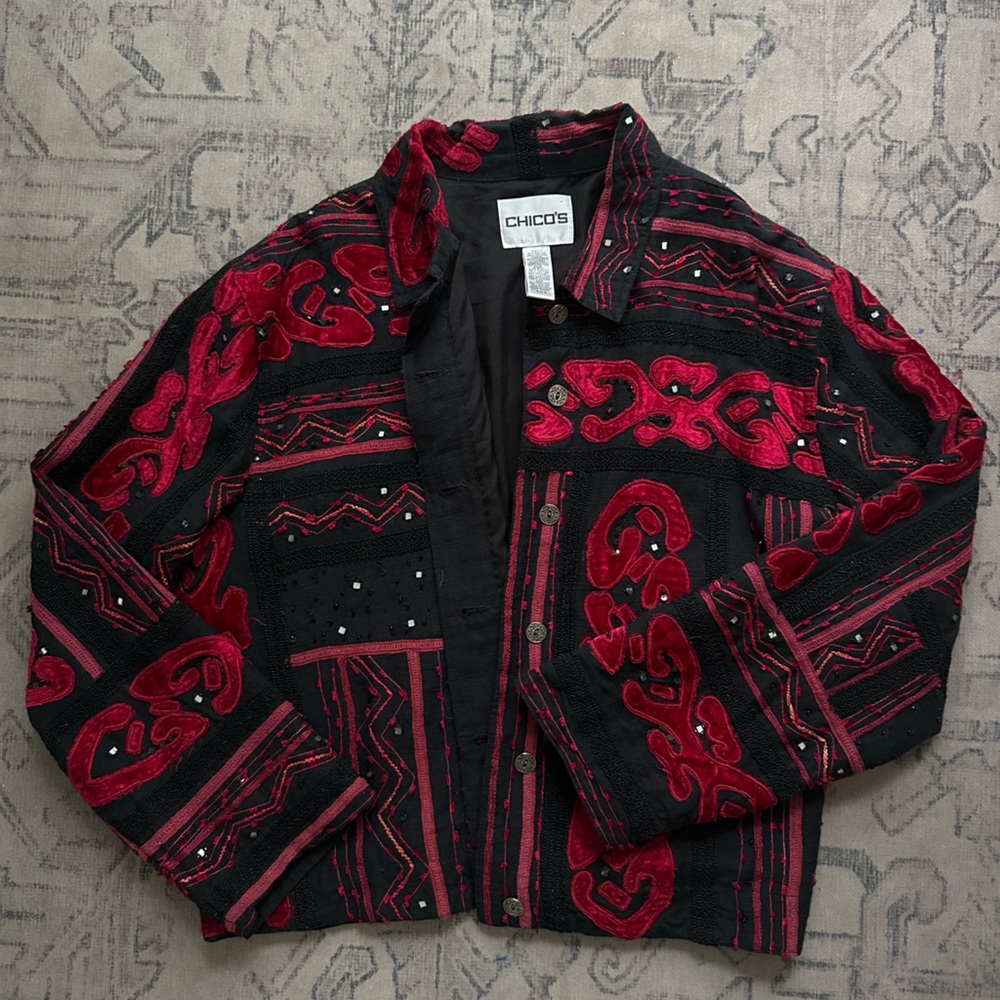 Chico's Black Jacket with Red Embroidery